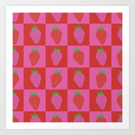 Checkered Red and Pink Strawberries Art Print
