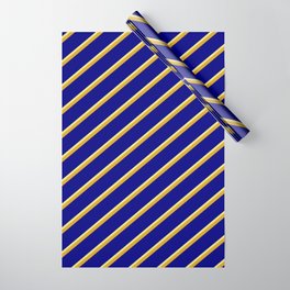 [ Thumbnail: Goldenrod, Blue & Tan Colored Striped/Lined Pattern Wrapping Paper ]