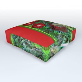 RED HIBISCUS FLOWERS & GREEN IGUANAS Outdoor Floor Cushion