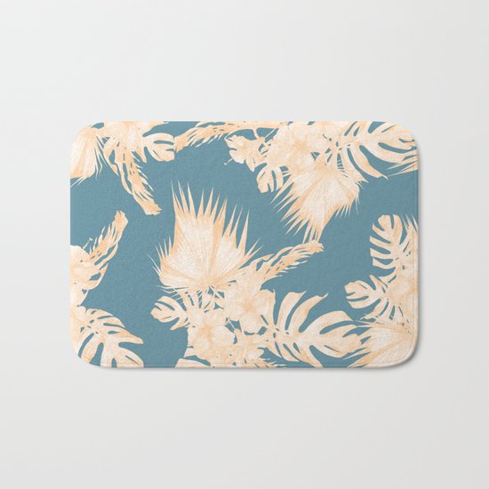 Island Vacation Hibiscus Palm Coral Teal Blue Bath Mat