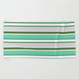 [ Thumbnail: Aquamarine, Dark Olive Green, Light Grey, and Mint Cream Colored Pattern of Stripes Beach Towel ]