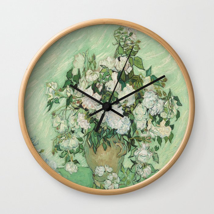 Vase With Pink Roses by Vincent Van Gogh Wall Clock