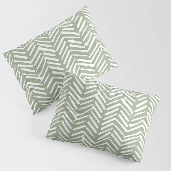Boho, Abstract, Herringbone Pattern, Sage Green and White Pillow Sham