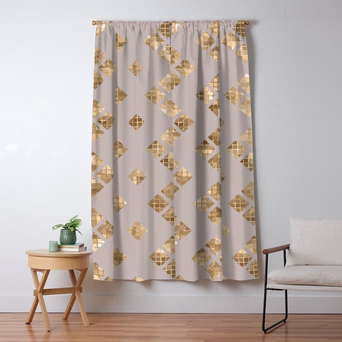 Modern Chic Taupe Gold Sequin Geometric Squares Blackout Curtain