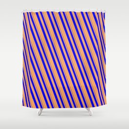 [ Thumbnail: Blue & Brown Colored Lined/Striped Pattern Shower Curtain ]