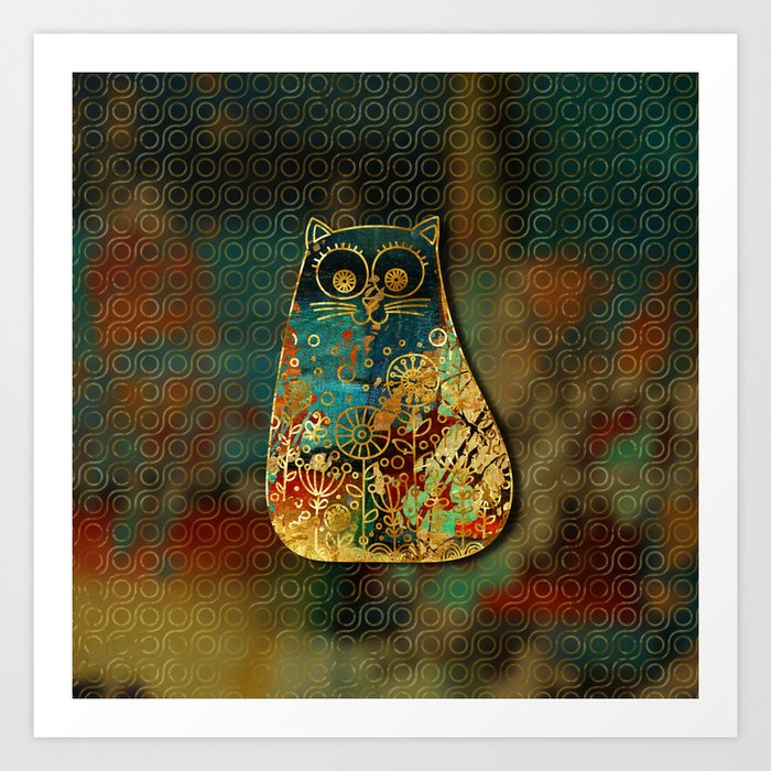 Cute Boho Style Cat On Paint Texture And Gold Outline Art Print By