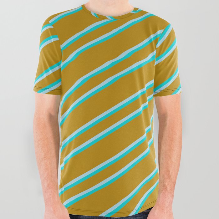 Dark Goldenrod, Light Blue, and Dark Turquoise Colored Lined/Striped Pattern All Over Graphic Tee