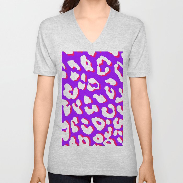 White Leopard Print Purple Pink V Neck T Shirt