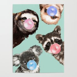 Cute Animals Bubble Gum Gang in Green Poster