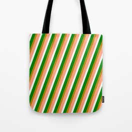 [ Thumbnail: Dark Goldenrod, Light Salmon, Mint Cream, and Green Colored Pattern of Stripes Tote Bag ]