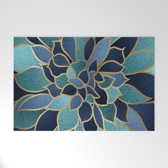 Festive, Floral Prints, Navy Blue, Teal and Gold Welcome Mat