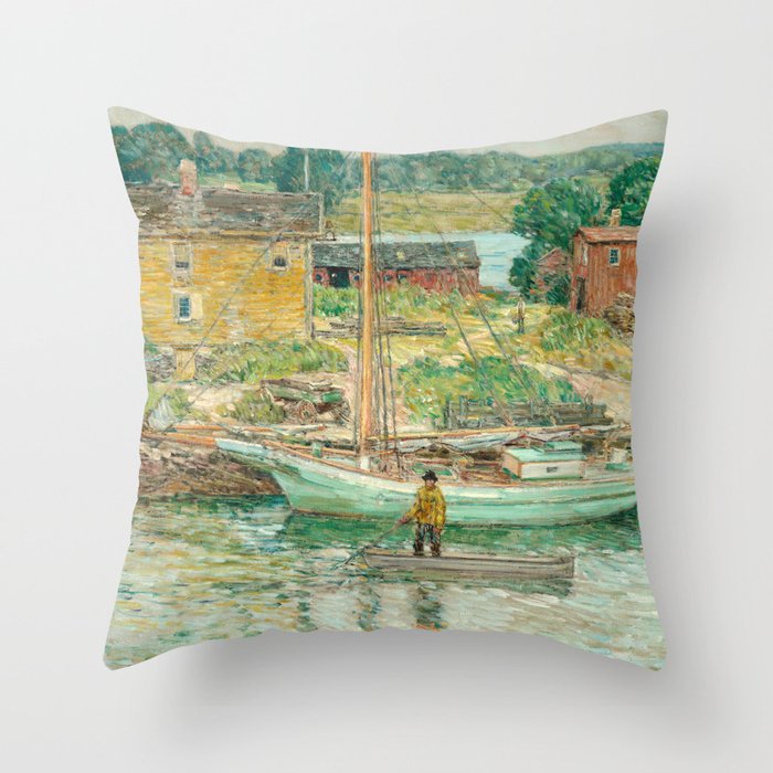 Oyster Sloop, Cos Cob 1902 by Childe Hassam Throw Pillow