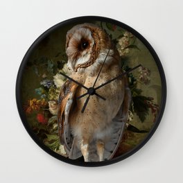 Warm colored barn owl in flower still life | photo and painting | wall art  Wall Clock