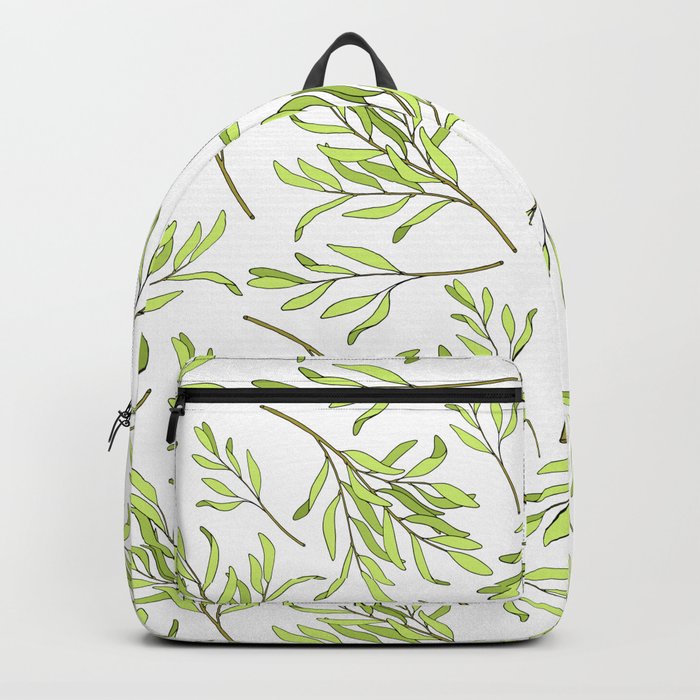 Tea tree leaves seamless pattern. Hand drawn vintage illustration of Melaleuca. Green medicinal plant isolated on white background.  Backpack