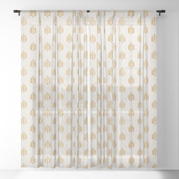 block print palm in golden on natural Sheer Curtain
