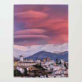 Lenticular clouds at sunset over Granada, The Alhambra, Albaicin village and Sierra Nevada National Poster