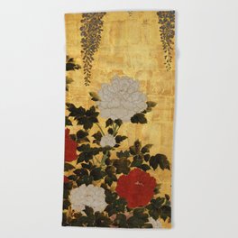 Vintage Japanese Floral Gold Leaf Screen With Wisteria and Peonies Beach Towel