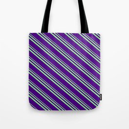 [ Thumbnail: Green and Indigo Colored Lined/Striped Pattern Tote Bag ]