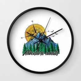 Adventure awaits Camping Graphic Design Wall Clock