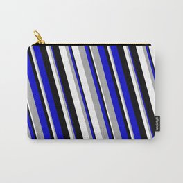 [ Thumbnail: Blue, Dark Grey, White, and Black Colored Stripes/Lines Pattern Carry-All Pouch ]