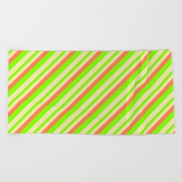 [ Thumbnail: Coral, Chartreuse, and Pale Goldenrod Colored Lined/Striped Pattern Beach Towel ]