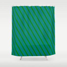 [ Thumbnail: Teal & Green Colored Stripes/Lines Pattern Shower Curtain ]