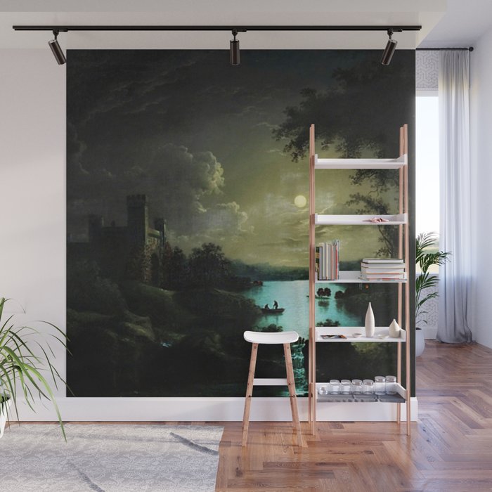 Classical Masteripiece 'A Castle and Lake by Moonlight' by Abraham Pether Wall Mural