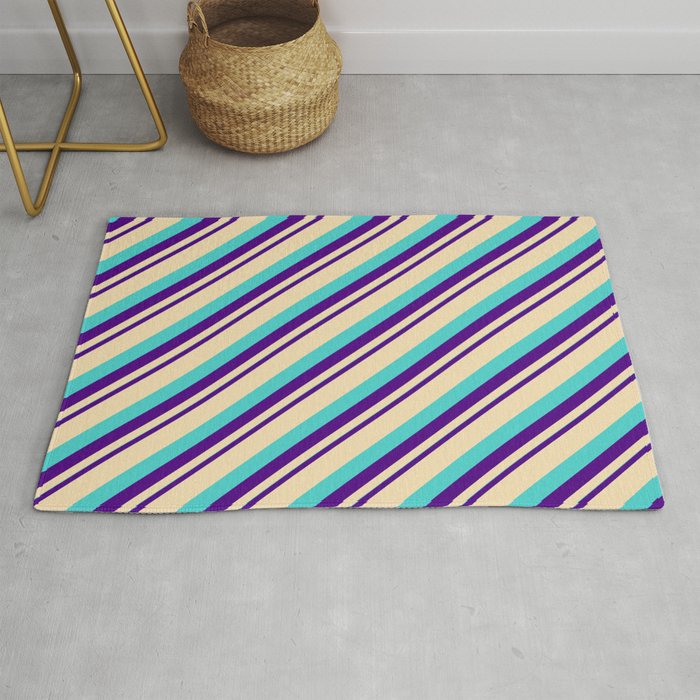 Indigo, Tan, and Turquoise Colored Striped/Lined Pattern Rug