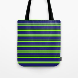 [ Thumbnail: Green & Midnight Blue Colored Stripes Pattern Tote Bag ]