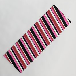 [ Thumbnail: Hot Pink, Brown, White & Black Colored Lined/Striped Pattern Yoga Mat ]