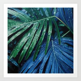 Blue Droplets on Emerald Palms 01 Art Print