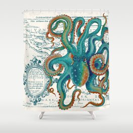 Teal Octopus Vintage Map Watercolor Shower Curtain