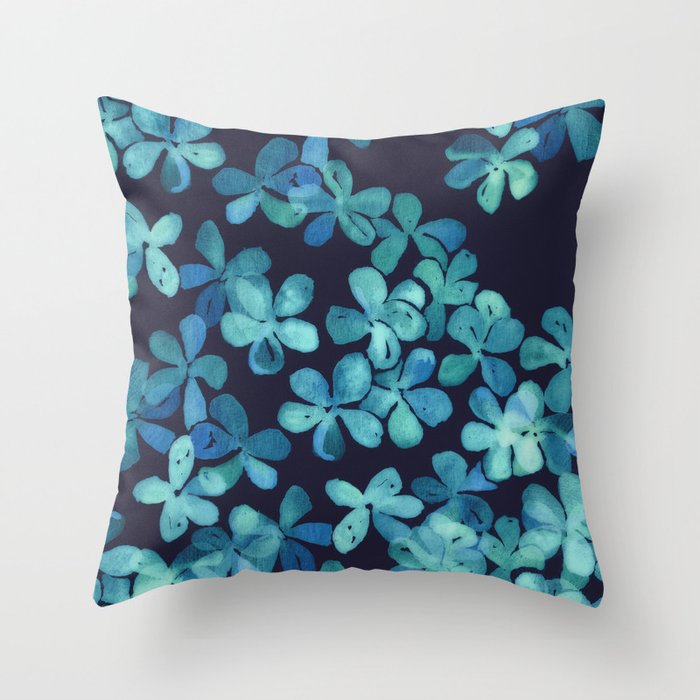 Hand Painted Floral Pattern in Teal & Navy Blue Throw Pillow