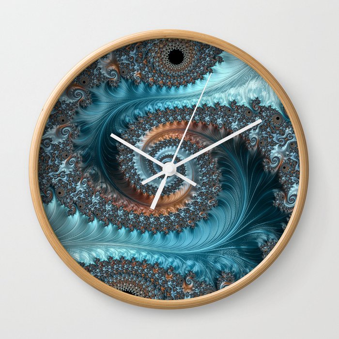 Feathery Flow - Teal and Taupe Fractal Art Wall Clock