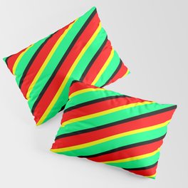 [ Thumbnail: Yellow, Green, Black & Red Colored Pattern of Stripes Pillow Sham ]