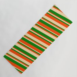 [ Thumbnail: Red, Tan, and Green Colored Striped Pattern Yoga Mat ]