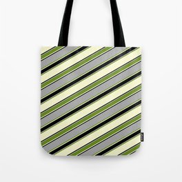 [ Thumbnail: Dark Grey, Green, Light Yellow, and Black Colored Lined Pattern Tote Bag ]