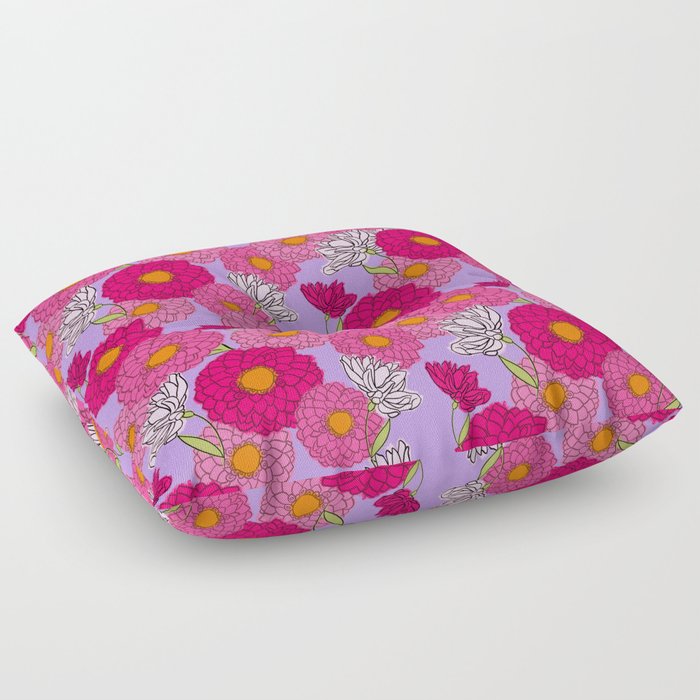 Retro Modern Mums Mid-Century Floral Pattern Purple Floor Pillow
