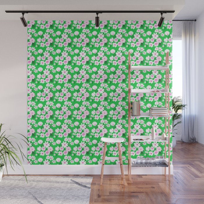 Retro Modern Wildflower Fields Green and Pink Wall Mural