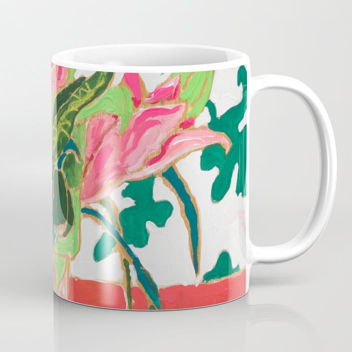 Tropical Lily Bouquet with Matisse Cutout Inspired Background Floral Still Life Painting Coffee Mug