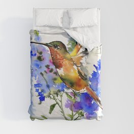 Alen's Hummingbird and Blue Flowers, floral bird design birds, watercolor floral bird art Duvet Cover