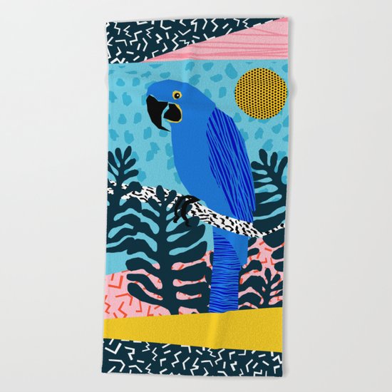 Steaz - memphis throwback tropical retro minimal bird art 1980s 80s style pattern parrot fashion Beach Towel