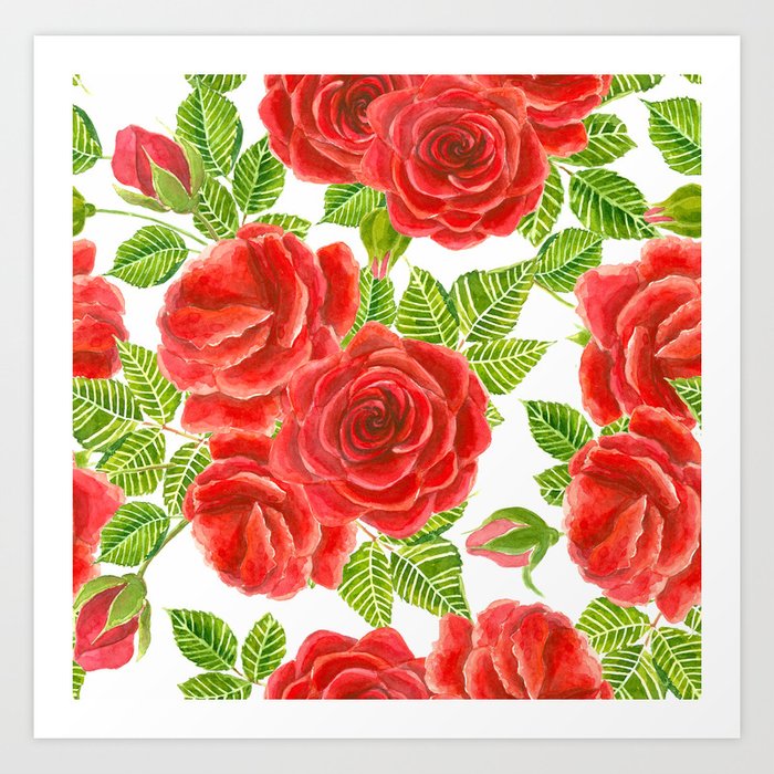 Red roses watercolor seamless pattern Art Print