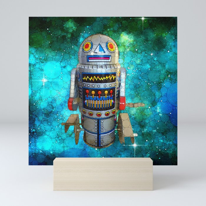 Vintage, retro toy metal robot in galaxy Mini Art Print