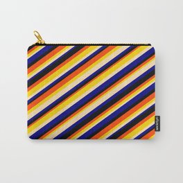 [ Thumbnail: Eye-catching Red, Yellow, Beige, Blue & Black Colored Striped Pattern Carry-All Pouch ]