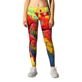 YELLOW-BLUE  FLORAL MACAWS & RED YELLOW HIBISCUS Leggings | Abstract, Digital, Parrots, Colored Pencil, Pattern, Digital Manipulation, Drawing, Bluemacaws, Acrylic, Redbirds 
