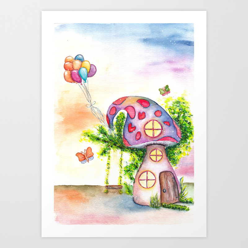 Mushroom House Watercolor Painting Art Print By