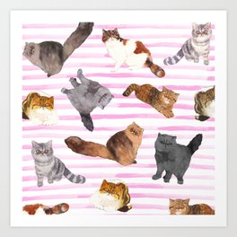 Watercolor Exotic Cat Family on Pink Stripe Background Art Print