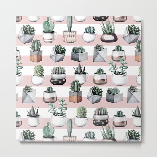 Potted Cactus Stripes Pink Rose Gold Metal Print