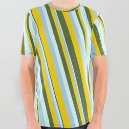 [ Thumbnail: Light Blue, Yellow, Dark Olive Green & Light Cyan Colored Lined/Striped Pattern All Over Graphic Tee ]